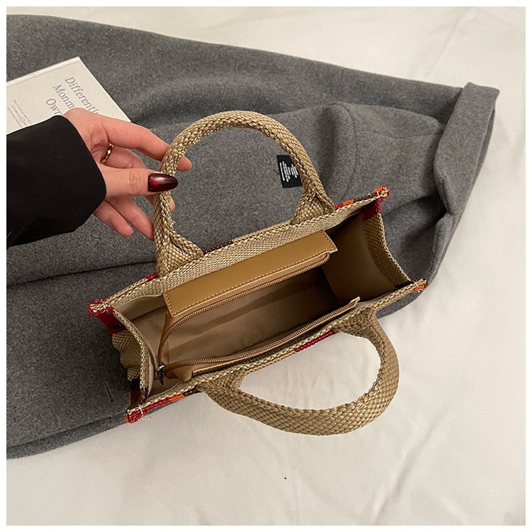 Women'S Bag Cotton And Linen Large Capacity Portable Tote Bag Fashion Embroidered Striped Contrast Color Hand Bag - Image 4