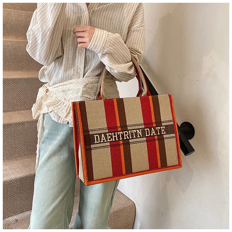 Women'S Bag Cotton And Linen Large Capacity Portable Tote Bag Fashion Embroidered Striped Contrast Color Hand Bag - Image 3