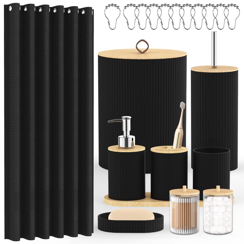 PLIOW Bathroom Accessories Set - 22PCS Black Bathroom Set with Shower Curtain,Trash Can,Toilet Brush Holder Set & Soap Dispenser - Stylish & Functional Bath Decor for Home, Apartment - Image 1