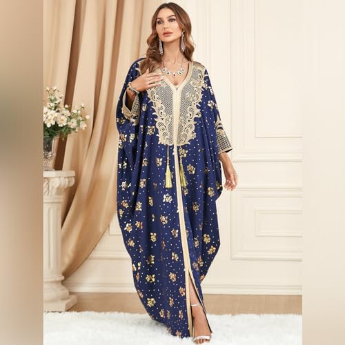 IWEMEK Moroccan Kaftan Dresses for Women Dubai Embroidery Formal Flowy Abaya Gown Navy Blue - Image 3