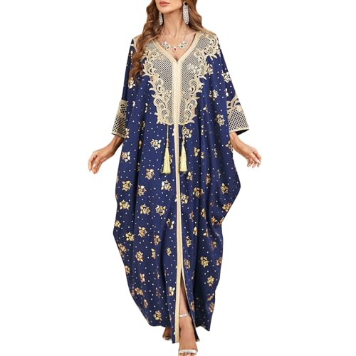 IWEMEK Moroccan Kaftan Dresses for Women Dubai Embroidery Formal Flowy Abaya Gown Navy Blue - Image 1