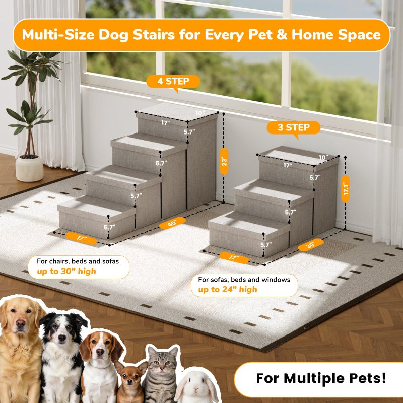Fecuria 4-Step Wide Dog Stairs with Storage 23" H, Non-Slip Sturdy Pet Steps for High Bed Couch Window, Pet Stairs for Small/Medium/Large Old Dogs Cats Up to 220lbs, Cat Dog Steps for Car/SUV, Grey - Image 2