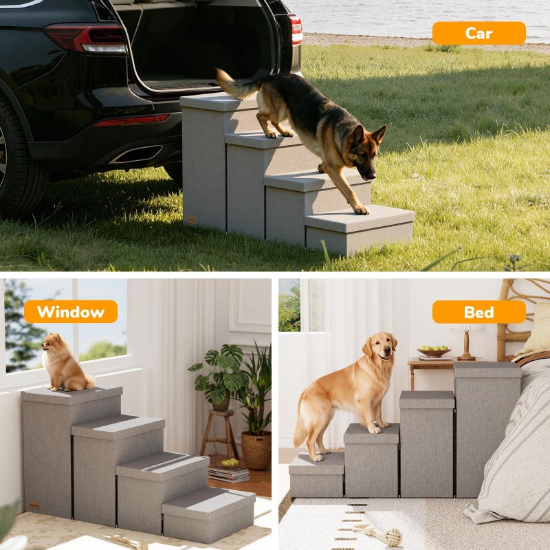 Fecuria 4-Step Wide Dog Stairs with Storage 23" H, Non-Slip Sturdy Pet Steps for High Bed Couch Window, Pet Stairs for Small/Medium/Large Old Dogs Cats Up to 220lbs, Cat Dog Steps for Car/SUV, Grey - Image 3