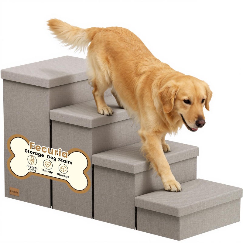 Fecuria 4-Step Wide Dog Stairs with Storage 23" H, Non-Slip Sturdy Pet Steps for High Bed Couch Window, Pet Stairs for Small/Medium/Large Old Dogs Cats Up to 220lbs, Cat Dog Steps for Car/SUV, Grey - Image 1