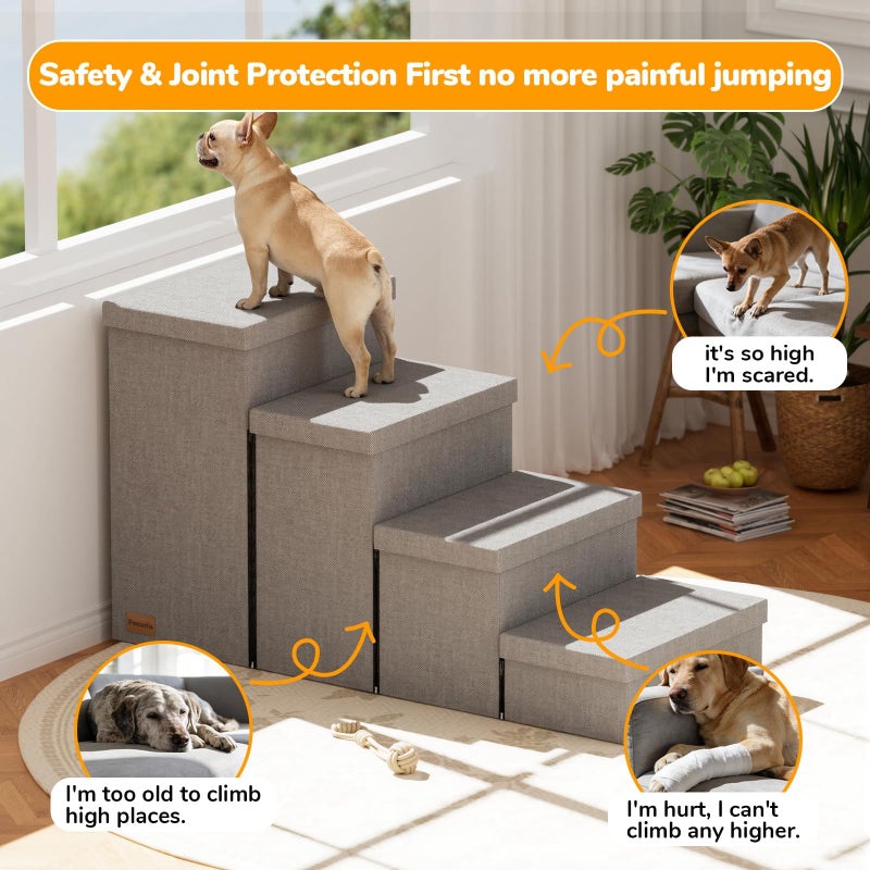 Fecuria 4-Step Wide Dog Stairs with Storage 23" H, Non-Slip Sturdy Pet Steps for High Bed Couch Window, Pet Stairs for Small/Medium/Large Old Dogs Cats Up to 220lbs, Cat Dog Steps for Car/SUV, Grey - Image 4