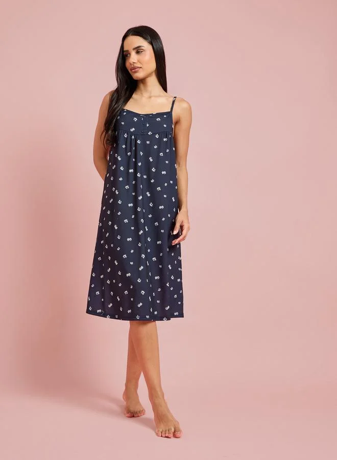 Styli Navy Blue All Over Print Button Detail Midi Slip Nightdress