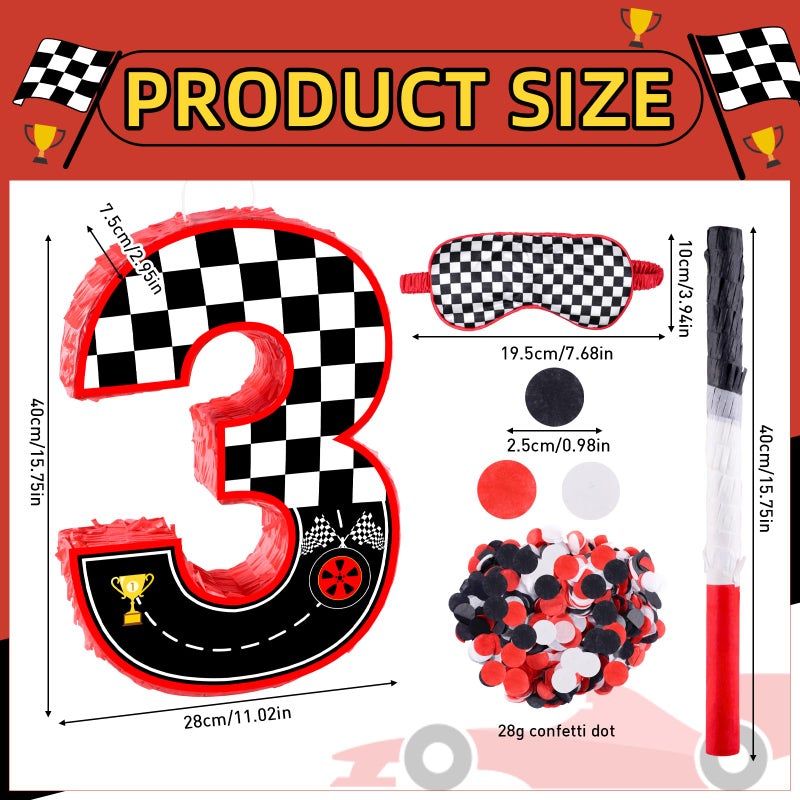 RUISUER 16 Inch Number 3 Race Car Pinata with 16 Inch PiÃ±ata Stick Blindfold Confetti for Boy Girl Kids 3rd Birthday Party Decorations(3rd) - Image 2