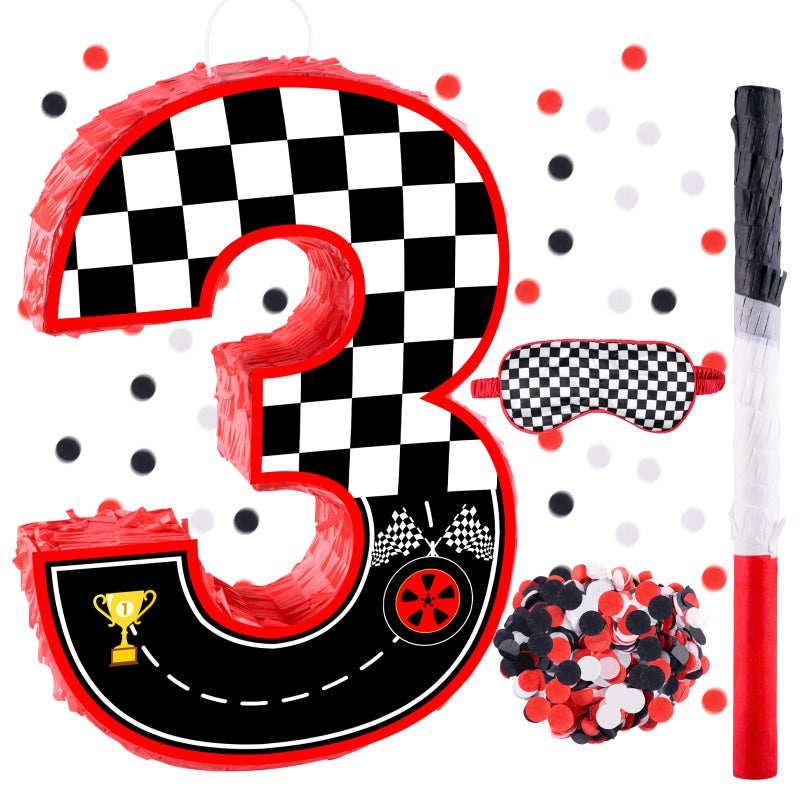 RUISUER 16 Inch Number 3 Race Car Pinata with 16 Inch PiÃ±ata Stick Blindfold Confetti for Boy Girl Kids 3rd Birthday Party Decorations(3rd) - Image 1