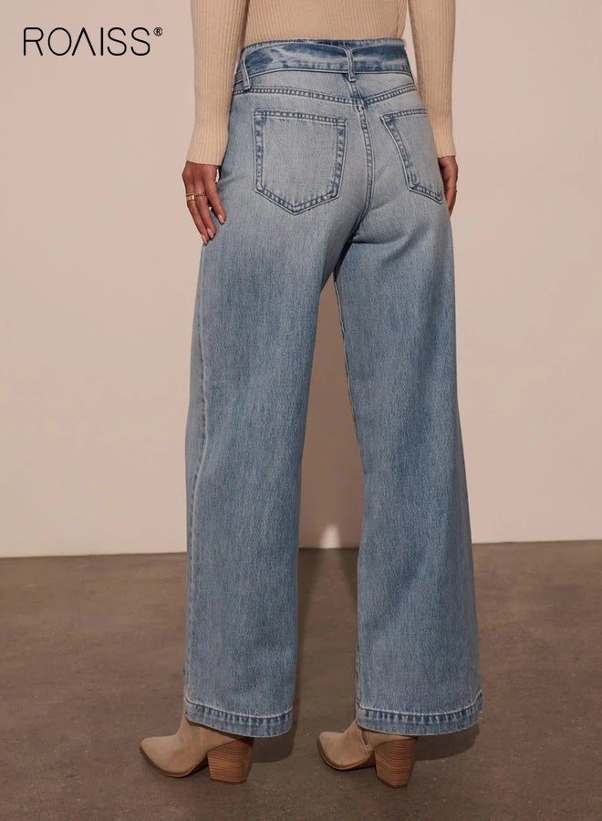 رويس بنطلون جينز نسائي عالي الخصر مزود بحزام وواسع الساق أنيق للسيدات، بنطلون مريح غير رسمي أنيق وعصري ومتين وعصري للارتداء اليومي - Image 3