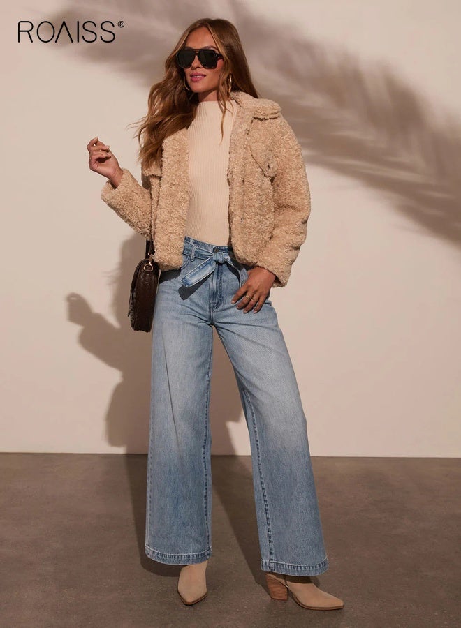 رويس بنطلون جينز نسائي عالي الخصر مزود بحزام وواسع الساق أنيق للسيدات، بنطلون مريح غير رسمي أنيق وعصري ومتين وعصري للارتداء اليومي - Image 5