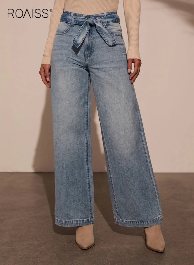 رويس بنطلون جينز نسائي عالي الخصر مزود بحزام وواسع الساق أنيق للسيدات، بنطلون مريح غير رسمي أنيق وعصري ومتين وعصري للارتداء اليومي - Image 1