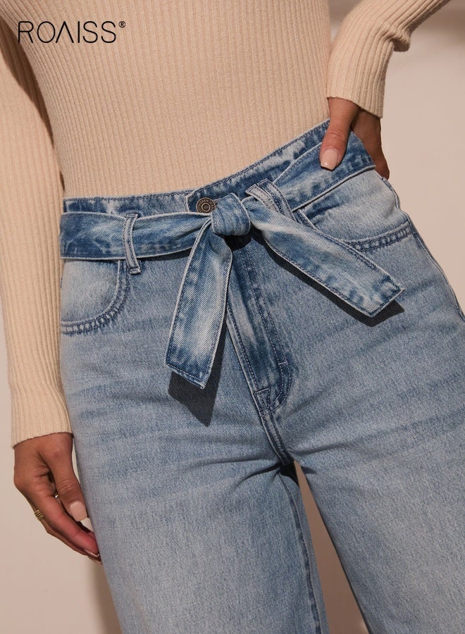 رويس بنطلون جينز نسائي عالي الخصر مزود بحزام وواسع الساق أنيق للسيدات، بنطلون مريح غير رسمي أنيق وعصري ومتين وعصري للارتداء اليومي - Image 4