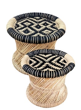 YASHIKA CREATION YASHIKA CREATION Natural Bamboo MuddamudahmoraChair Stool with Black and Beige 15 X 15 2 Pieces  - Image 1