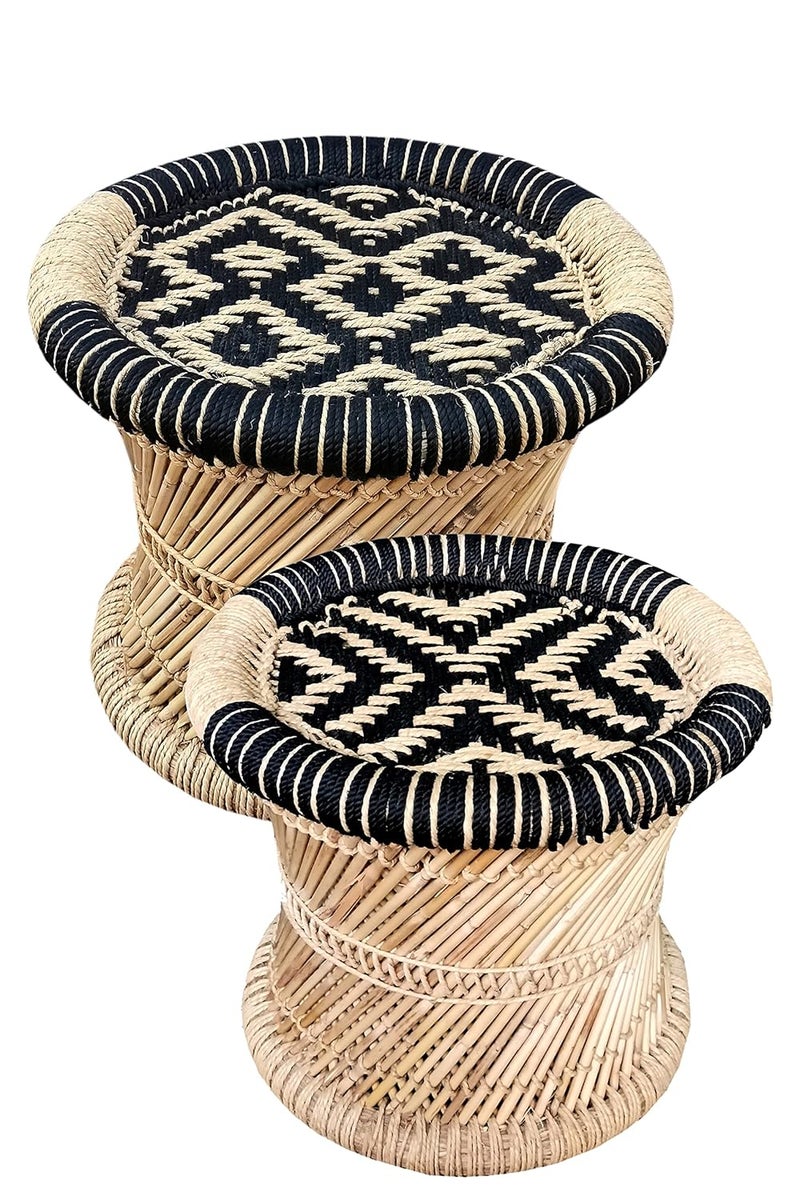 YASHIKA CREATION YASHIKA CREATION Natural Bamboo MuddamudahmoraChair Stool with Black and Beige 15 X 15 2 Pieces  - Image 1