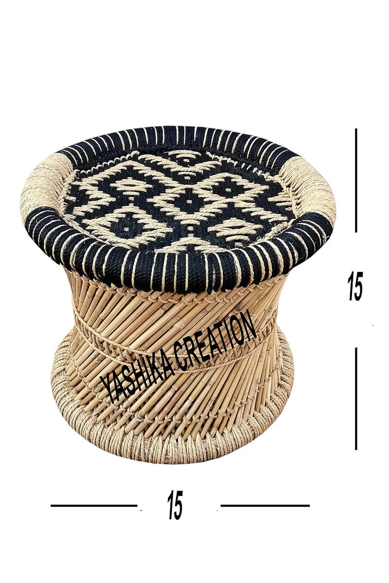 YASHIKA CREATION YASHIKA CREATION Natural Bamboo MuddamudahmoraChair Stool with Black and Beige 15 X 15 2 Pieces  - Image 2