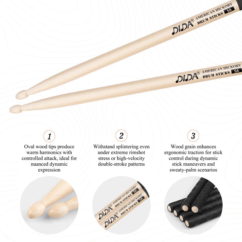 DIDA Drum Sticks, American Hickory Drumsticks, Drumsticks for Drum, Non-Slip Grip, Percussion Drumsticks for Professional, Live Performance & Drum Kit Practice Accessories (1 Pair, 5A) - Image 4