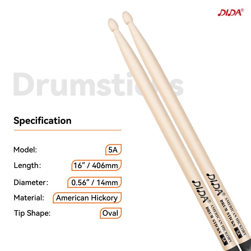 DIDA Drum Sticks, American Hickory Drumsticks, Drumsticks for Drum, Non-Slip Grip, Percussion Drumsticks for Professional, Live Performance & Drum Kit Practice Accessories (1 Pair, 5A) - Image 2