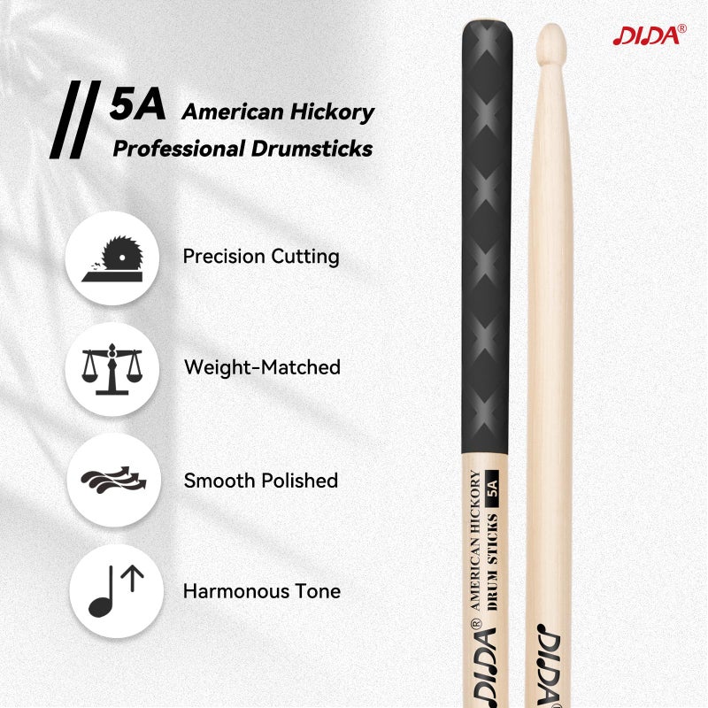 DIDA Drum Sticks, American Hickory Drumsticks, Drumsticks for Drum, Non-Slip Grip, Percussion Drumsticks for Professional, Live Performance & Drum Kit Practice Accessories (1 Pair, 5A) - Image 5