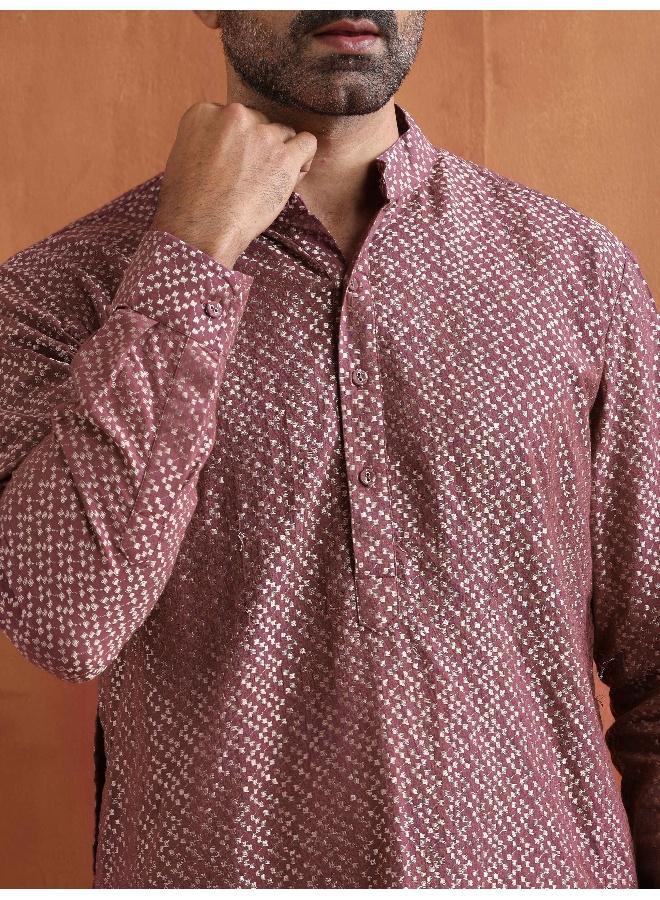 trueBrowns Men's Purple Cotton Dobby Kurta  - Image 5