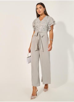 Styli Embroidered Layered Ruffled Sleeves Wide Leg Jumpsuit  - Image 1