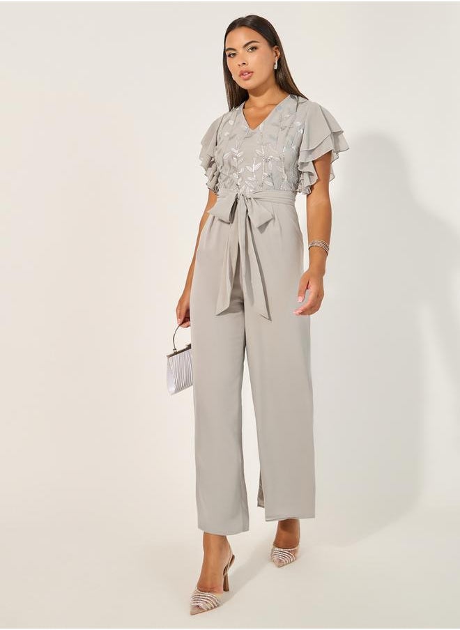 Styli Embroidered Layered Ruffled Sleeves Wide Leg Jumpsuit  - Image 1