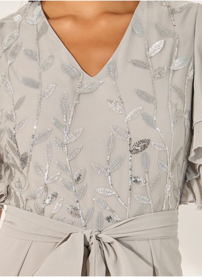 Styli Embroidered Layered Ruffled Sleeves Wide Leg Jumpsuit  - Image 4