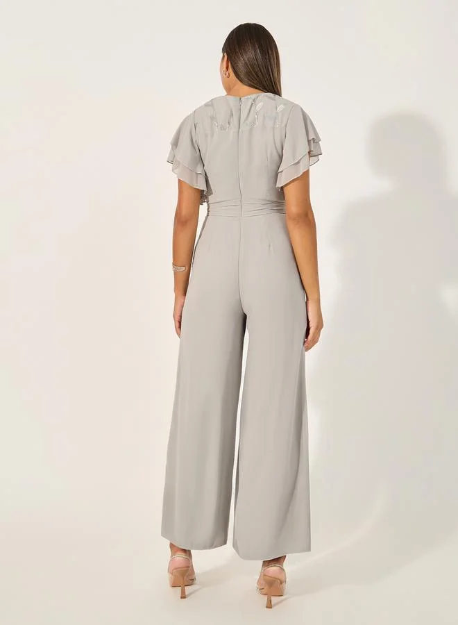 Styli Embroidered Layered Ruffled Sleeves Wide Leg Jumpsuit