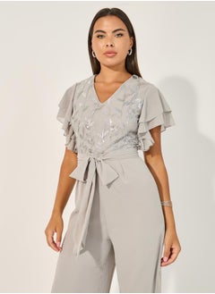 Styli Embroidered Layered Ruffled Sleeves Wide Leg Jumpsuit  - Image 3