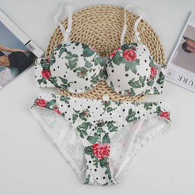 Women's Push-Up Bra Set 3/4 Cup White Rose Print - Image 1