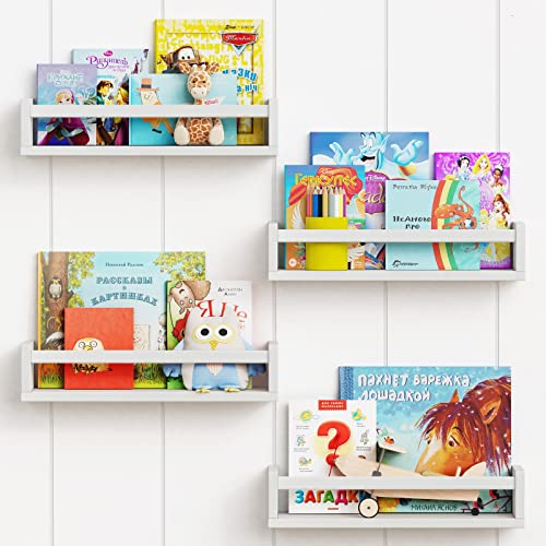 Forbena Floating Nursery Book Shelves for Wall Set of 4 White Wall Bookshelf for Kids Room Small Wood Book Shelf Bookshelves for Baby Teen Boys Girls Bedoom Bathroom Toy and Decor Storage