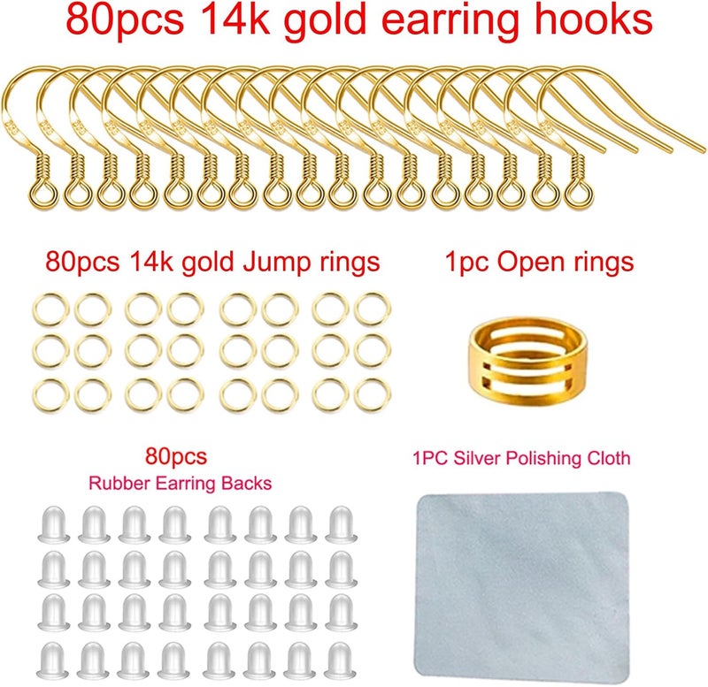 DIYEAR Gold Earring Hooks 80 PCS/40 Pairs, Ear Wires Fish Hooks, 240pcs Hypo-allergenic Jewelry Findings Parts with Jump Rings and Clear Silicone Earring Backs Stoppers for DIY Jewelry Making (14K Gold) - Image 2