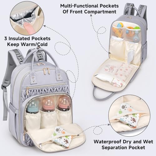 Tealari Diaper Bag Backpack,Stylish Baby Diaper Bag,Waterproof Travel Diaper Backpacks Baby Bags with Changing Pad,Stroller Straps,Insulated Pockets (Gray) - Image 3