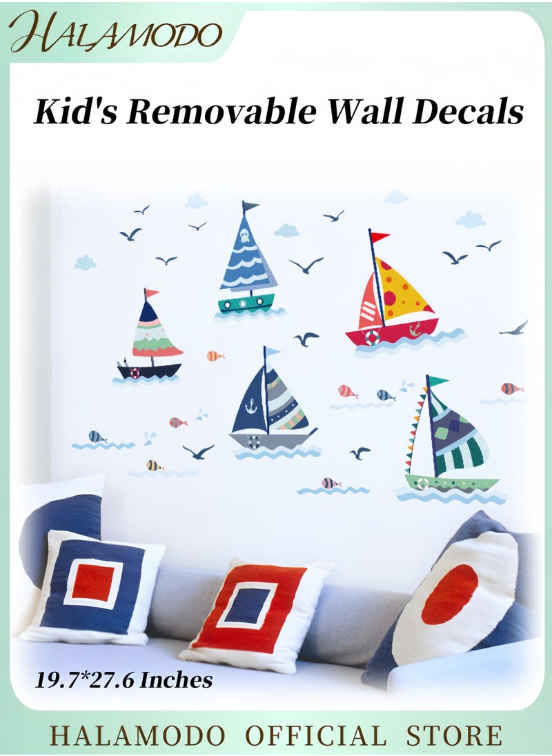 HALAMODO Kid's Removable Cartoon Wall Decals Seagull Sailboat Wall Stickers Small Fish Wall Decor Self-Adhesive Wall Stickers for Kids & Boys & Girls Bedroom & Playroom & Nursery  - Image 1