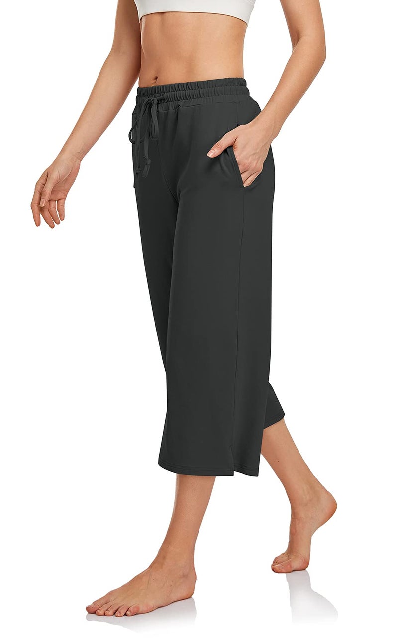 UEU Plus Size Capris for Women Summer Wide Leg Loose Yoga Casual Lounge Cropped Gaucho Capri Pants Baggy Sweatpants Soft Trendy Outfits Clothes with Pockets 3XL Dark Gray - Image 4