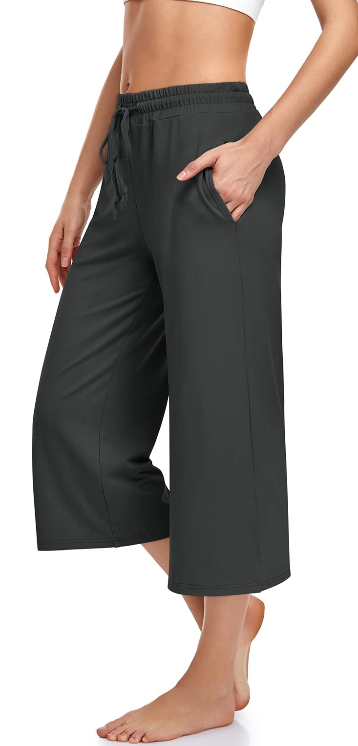 UEU Plus Size Capris for Women Summer Wide Leg Loose Yoga Casual Lounge Cropped Gaucho Capri Pants Baggy Sweatpants Soft Trendy Outfits Clothes with Pockets 3XL Dark Gray - Image 2