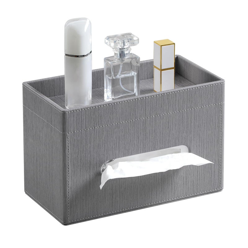 MEIBOOCH Plus Size Tissue Box Cover Rectangle, PU Leather Tissue Box Holder with Storage Tray, Decorative Organizer Tissue Holder for Bathroom, Bedroom Dresser, Night Stand, Office (Grey) - Image 1