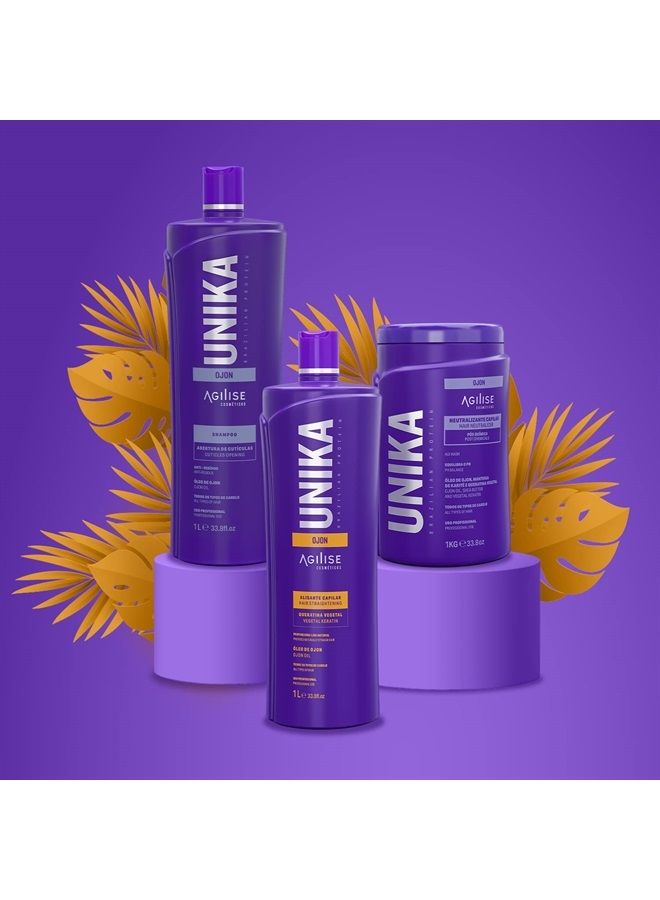 AGILISE - Unika Ojon Hair Straightening - علاج الشعر بالكيراتين البرازيلي - شعر حريري وناعم وخالٍ من التجعد - خالٍ من الفورمالديهايد - لجميع أنواع الشعر - زيت Ojon - نباتي - 33.8 أونصة سائلة/1 لتر