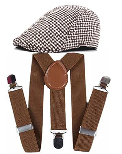 RR DESIGN Y-Back Suspender with Newsboy cap/Flat cap/Golf Cap/Irish cap- (Brown & White Houndstooth Pattern) - Image 1