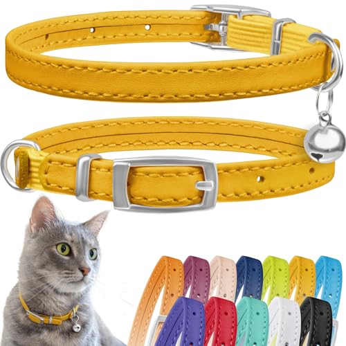 CollarDirect Leather Cat Collar with Bell - Kitten Collar, Small and Big Cat Strap for Boy Cats, Girl Cats with Safety Elastic Strap (Neck Fit 8"-11", Yellow) - Image 1