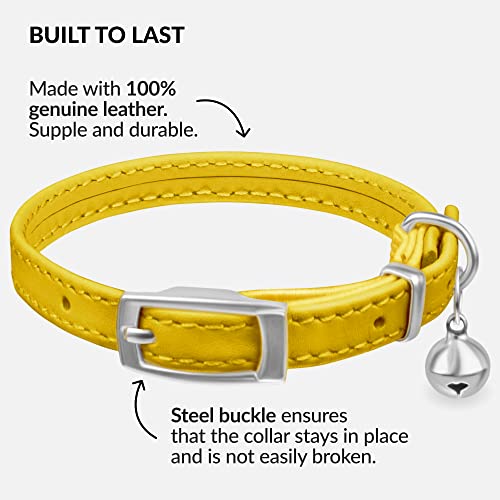 CollarDirect Leather Cat Collar with Bell - Kitten Collar, Small and Big Cat Strap for Boy Cats, Girl Cats with Safety Elastic Strap (Neck Fit 8"-11", Yellow) - Image 2