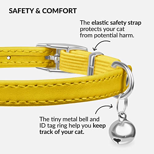 CollarDirect Leather Cat Collar with Bell - Kitten Collar, Small and Big Cat Strap for Boy Cats, Girl Cats with Safety Elastic Strap (Neck Fit 8"-11", Yellow) - Image 3