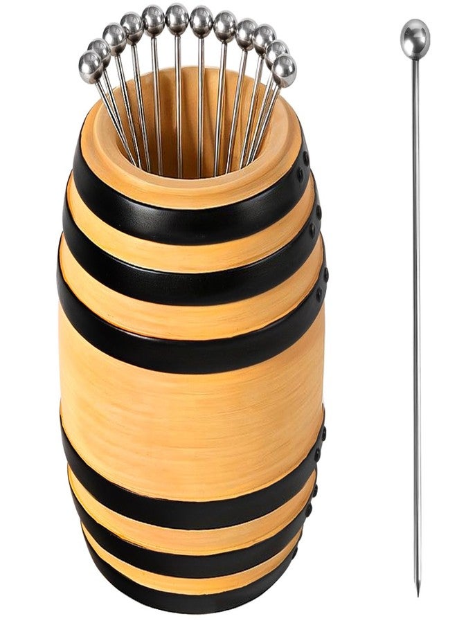 Lexenic Exclusive Cocktail Picks with Bar Ornament Barrel Holder, 4.3" 304 Stainless Steel Martini Skewers, Reusable Metal Toothpicks for Olives, Appetizers & Fruit, Gift - 12 Pack - Image 1