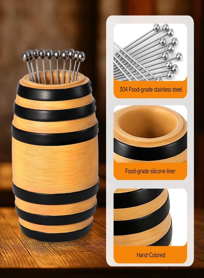 Lexenic Exclusive Cocktail Picks with Bar Ornament Barrel Holder, 4.3" 304 Stainless Steel Martini Skewers, Reusable Metal Toothpicks for Olives, Appetizers & Fruit, Gift - 12 Pack - Image 3