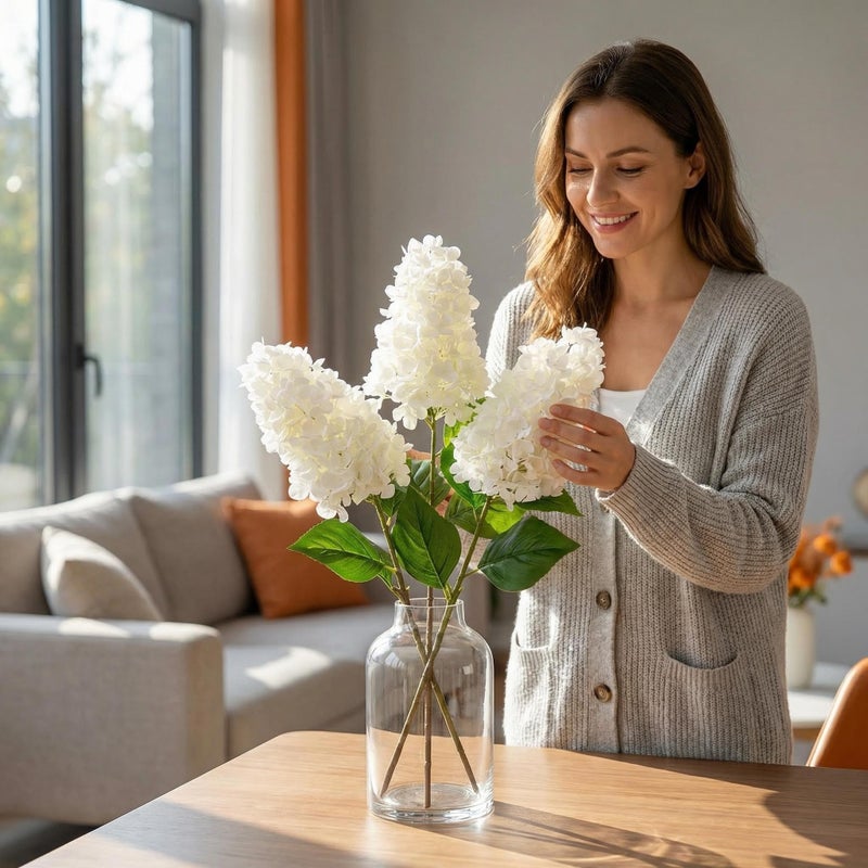 Arborus 3PCS Fake Flowers Hydrangea Artificial Flowers 28" Long Stem White Faux Flowers for Vase, Real Touch Silk Flowers DÃ©cor for Floral Arrangement Home Farmhouse Office Hotel Decoration - Image 5