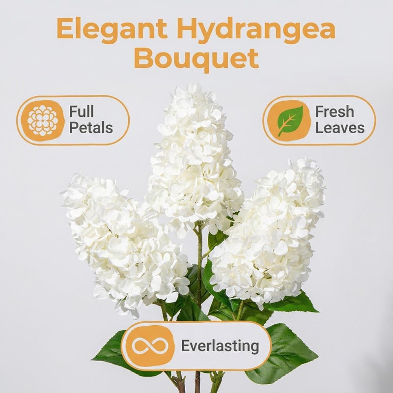Arborus 3PCS Fake Flowers Hydrangea Artificial Flowers 28" Long Stem White Faux Flowers for Vase, Real Touch Silk Flowers DÃ©cor for Floral Arrangement Home Farmhouse Office Hotel Decoration - Image 3