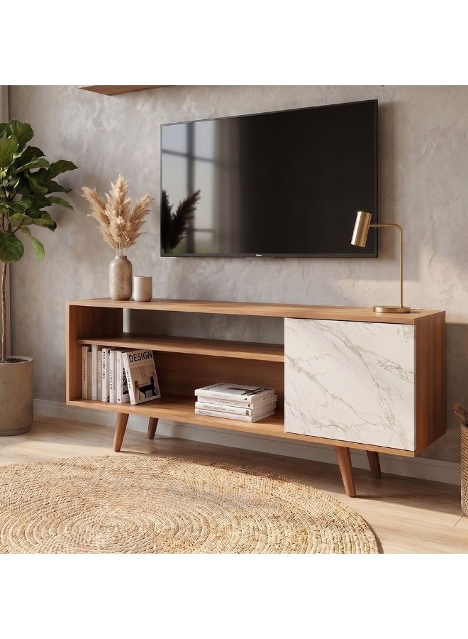 DANUBE HOME Walter Tv Cabinet Up To 60 Inches Entertainment Wall Tv Unit Wooden Tv Rack Stand Media Console Table For Living Room L 136x36.3x59.5 Cm Light Brown/White - Image 4