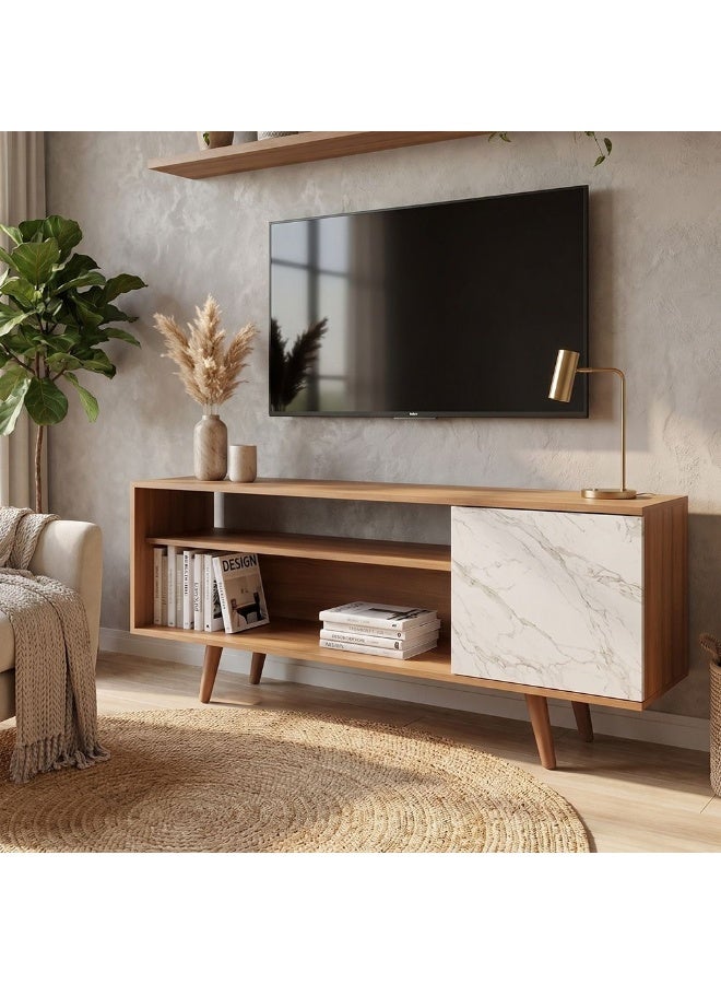 DANUBE HOME Walter Tv Cabinet Up To 60 Inches Entertainment Wall Tv Unit Wooden Tv Rack Stand Media Console Table For Living Room L 136x36.3x59.5 Cm Light Brown/White - Image 5