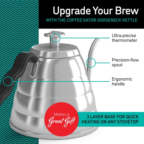 Coffee Gator Gooseneck Kettle with Thermometer - 40oz Premium Stainless Steel Pour Over Coffee Maker Kettles, Stove Top, w/Precision Drip Spout, for Drip Coffee, French Press, Tea Kettle, 5 Cup - Image 2
