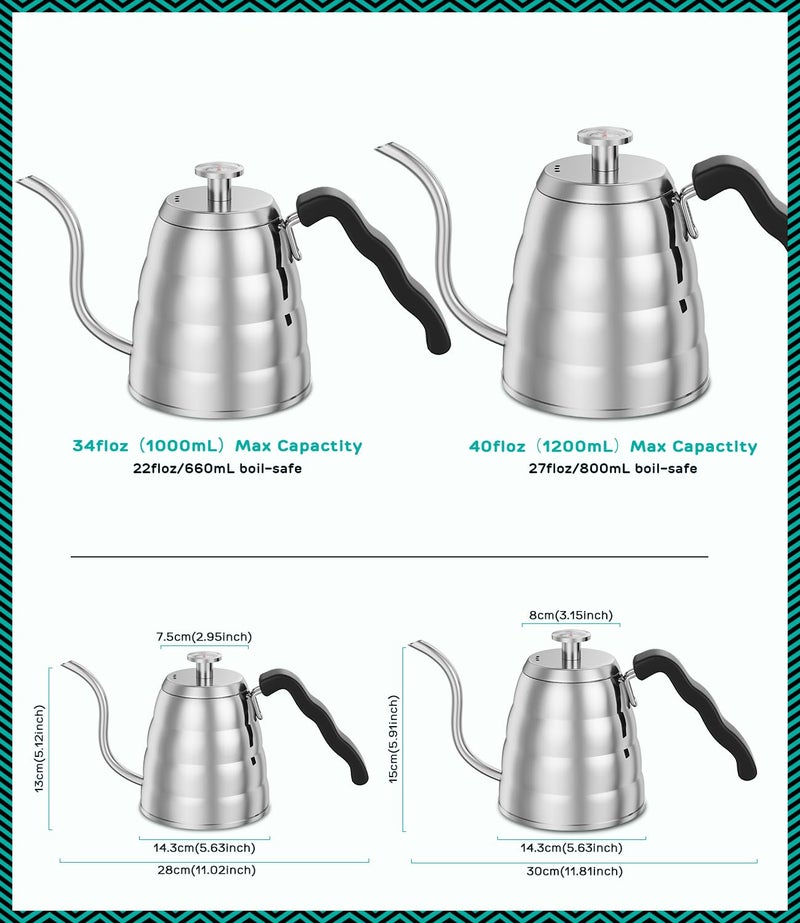 Coffee Gator Gooseneck Kettle with Thermometer - 40oz Premium Stainless Steel Pour Over Coffee Maker Kettles, Stove Top, w/Precision Drip Spout, for Drip Coffee, French Press, Tea Kettle, 5 Cup - Image 3