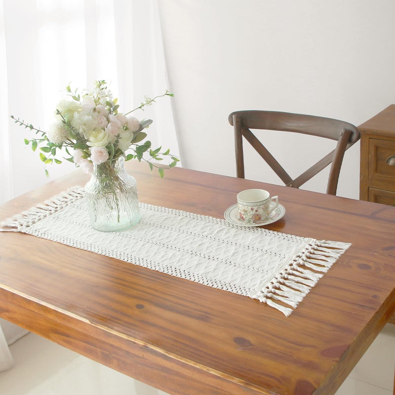 FEXIA Boho Macrame Table Runner with Tassels 36 Inches Long Cream for Farmhouse Home Decor Bohemian Dining Bedroom Decor Rustic Bridal Shower (12x36 Inches) - Image 1